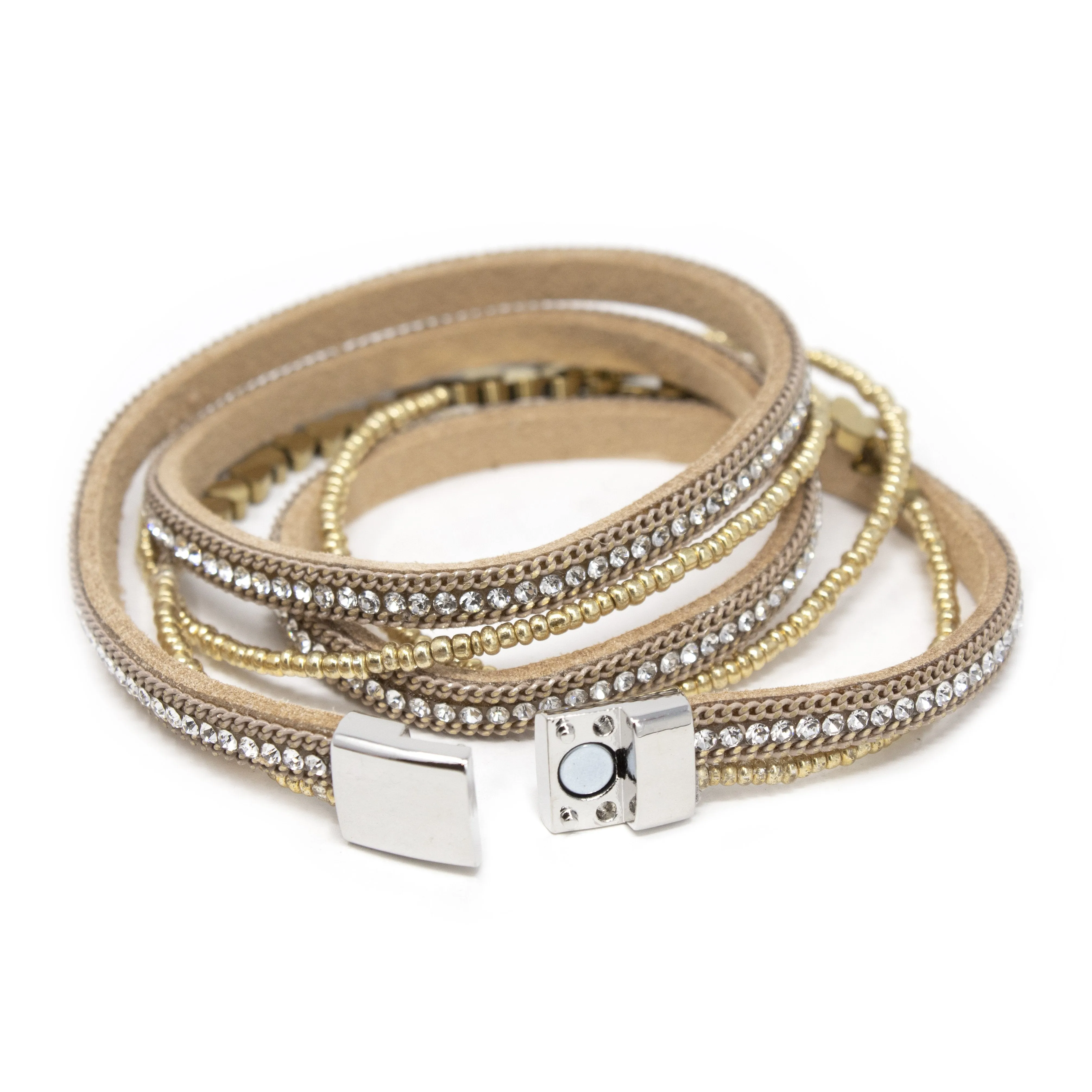 2 Row Suede Wrap Bracelet W CZ and Heart Beads Gold T