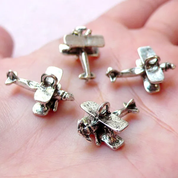 3D Biplane Charm / Antique Airplane Charms (4pcs / 12mm x 19mm / Tibetan Silver) Vintage Aircraft Plane Flight Retro Aeroplane Charm CHM1223