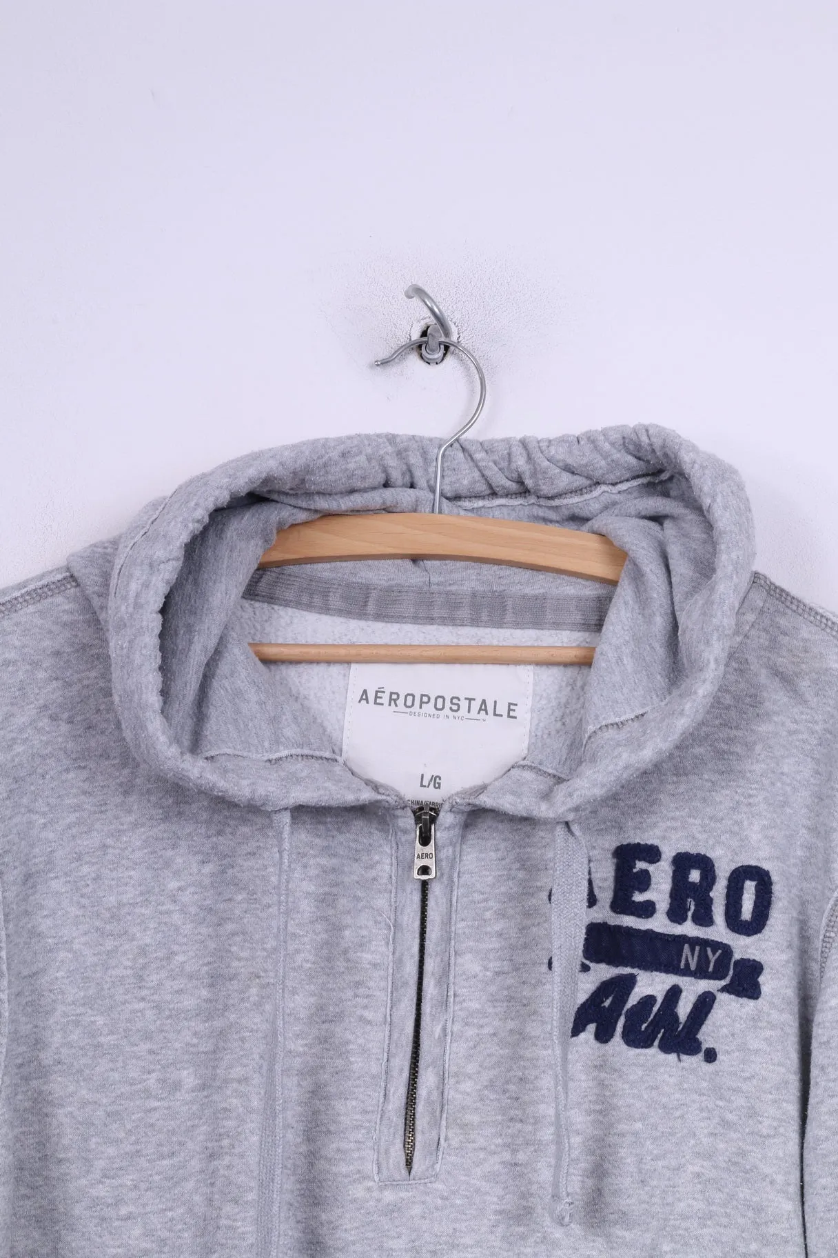 Aeropostale Mens L Jumper Sweatshirt Hooded Zip Neck Cotton Sportswear Grey