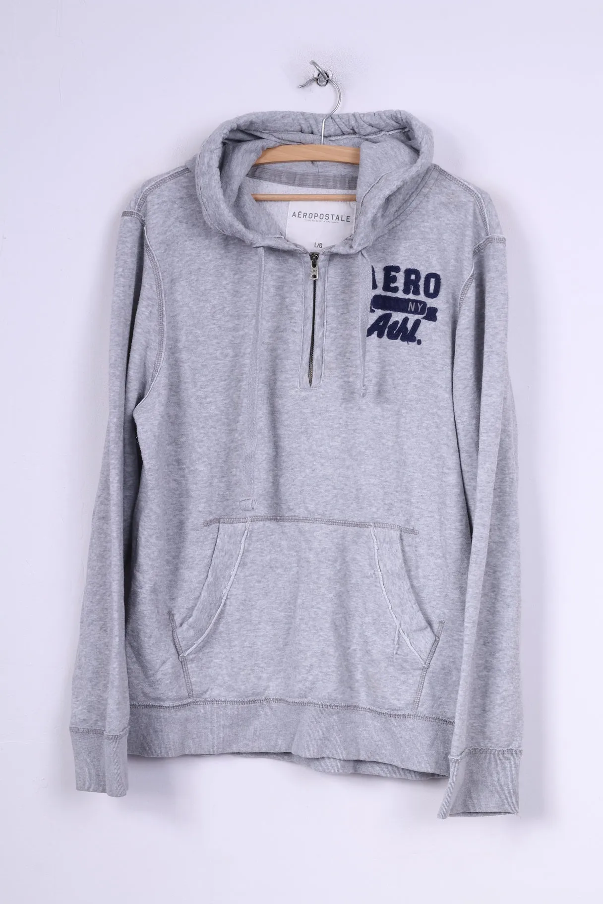 Aeropostale Mens L Jumper Sweatshirt Hooded Zip Neck Cotton Sportswear Grey