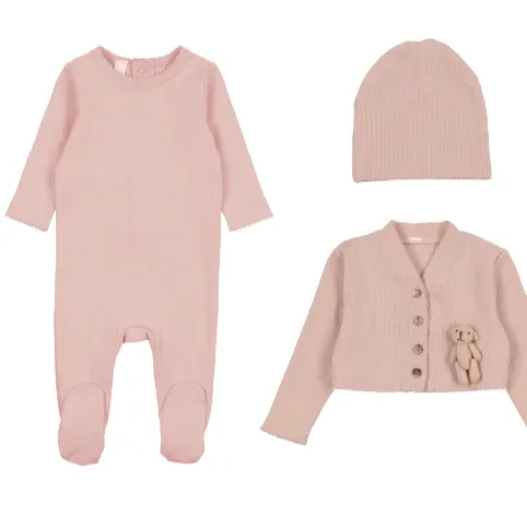 Baby Pink Cardigan, Footie, Hat Set