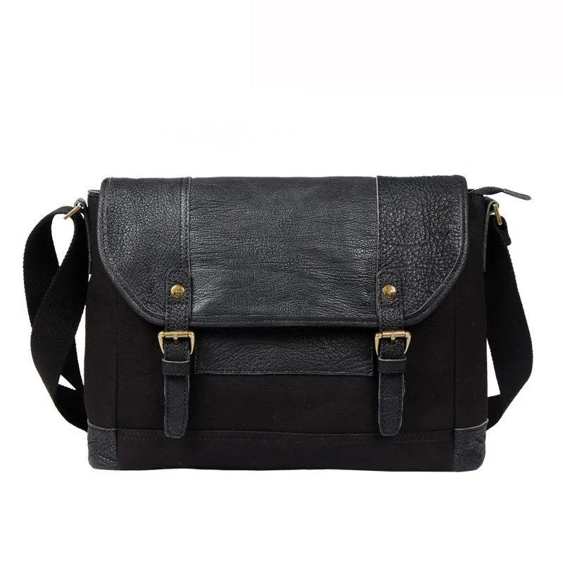 Black Canvas Leather Mens Side Bags Messenger Bags Dark Coffee Canvas Courier Bag for Men