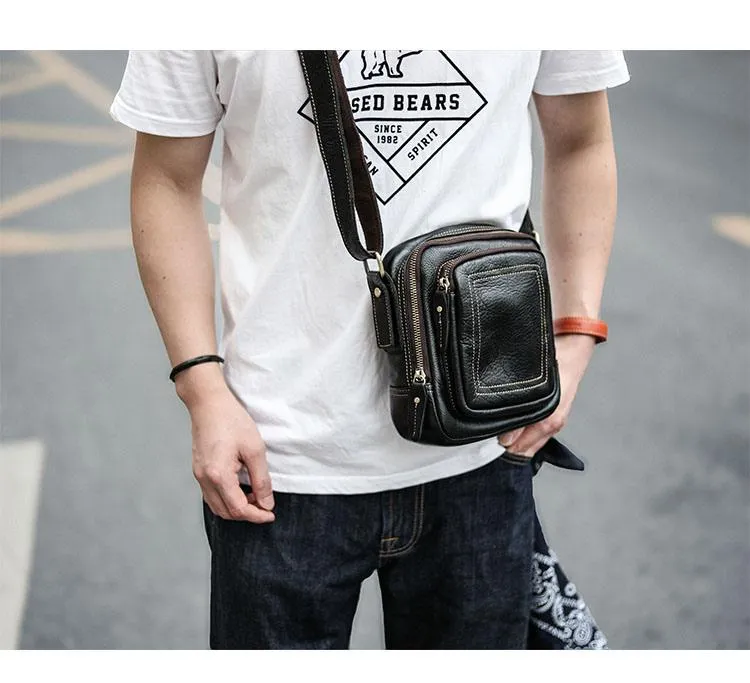 Black Cool Leather Mens Small Postman Bag Vertical Messenger Bag Black Courier Bags For Men