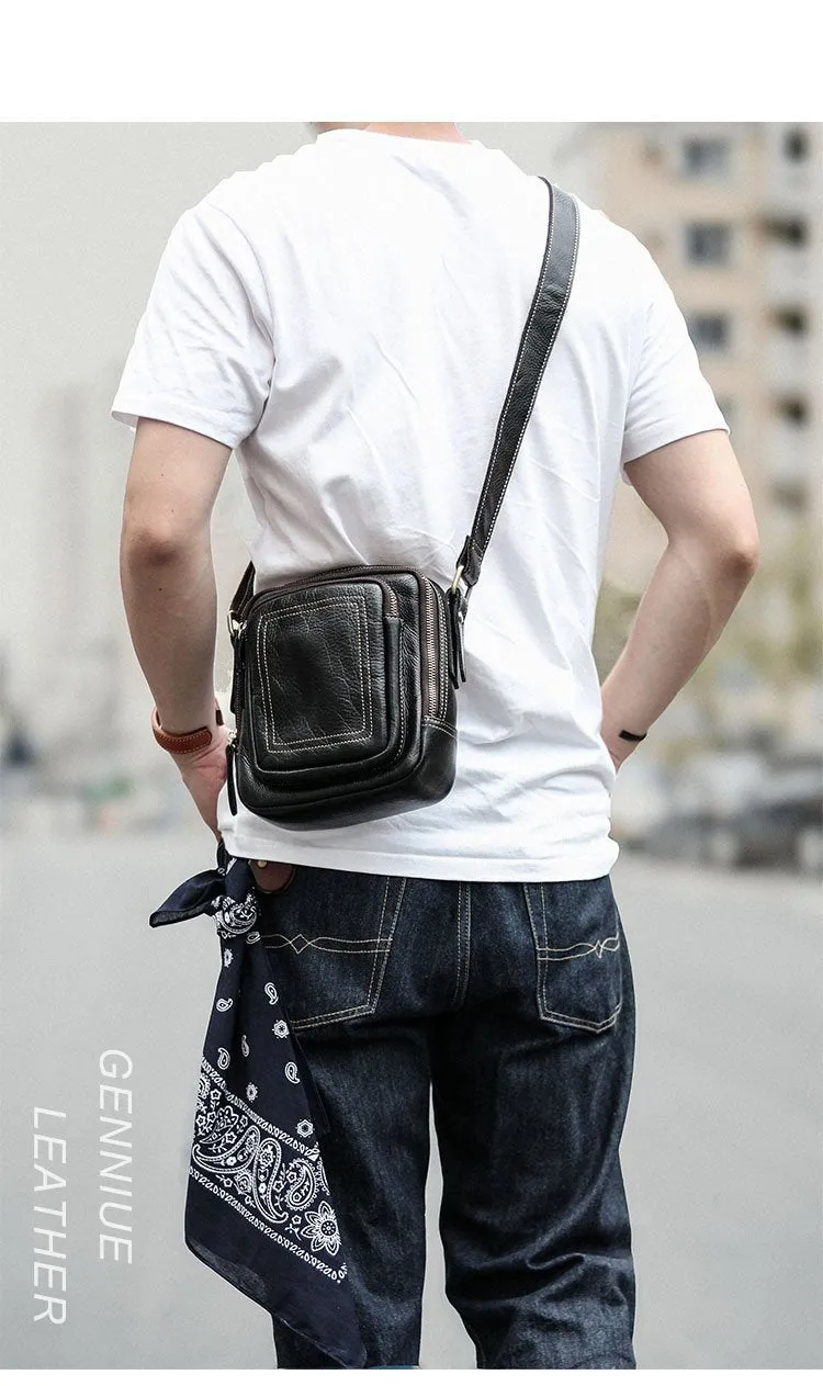 Black Cool Leather Mens Small Postman Bag Vertical Messenger Bag Black Courier Bags For Men