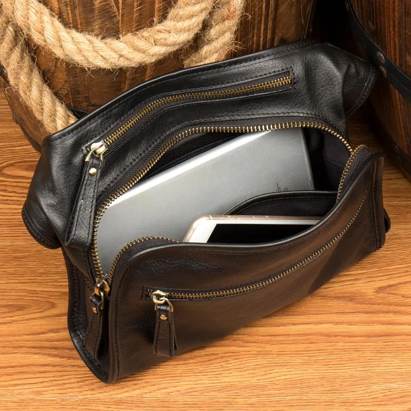 Black Leather Fanny Pack Mens Waist Bag Hip Pack Belt Bag Bumbag for Men