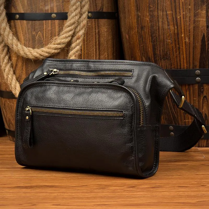 Black Leather Fanny Pack Mens Waist Bag Hip Pack Belt Bag Bumbag for Men