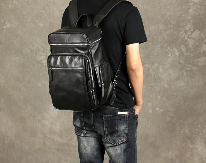 Black Leather Mens Backpack Cool Travel Backpack Hiking Backpack for men