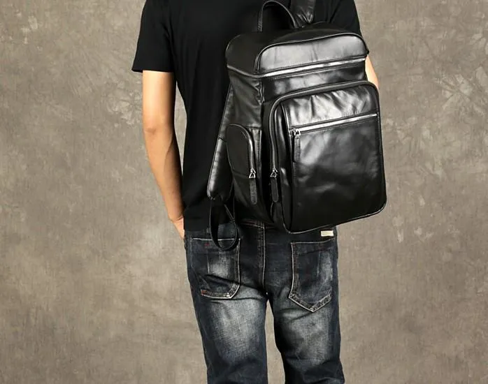 Black Leather Mens Backpack Cool Travel Backpack Hiking Backpack for men