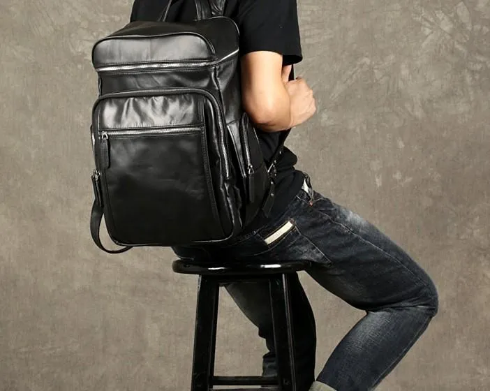 Black Leather Mens Backpack Cool Travel Backpack Hiking Backpack for men