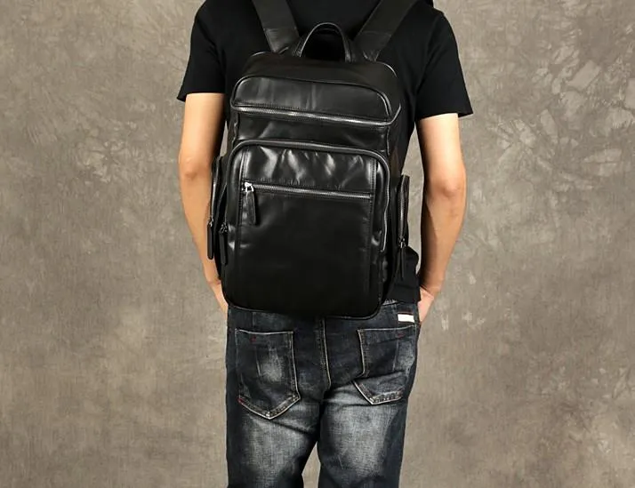 Black Leather Mens Backpack Cool Travel Backpack Hiking Backpack for men