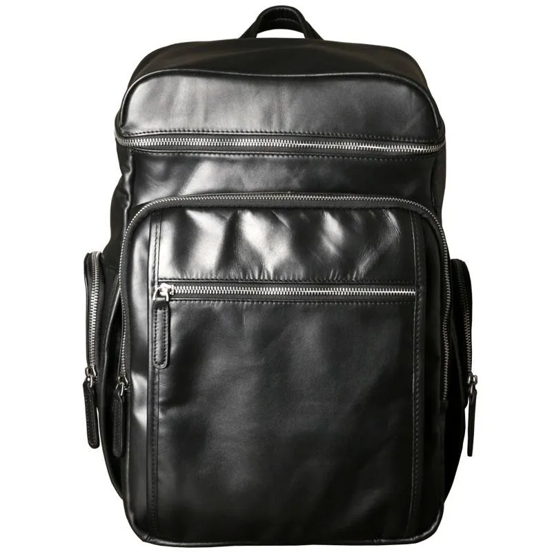 Black Leather Mens Backpack Cool Travel Backpack Hiking Backpack for men