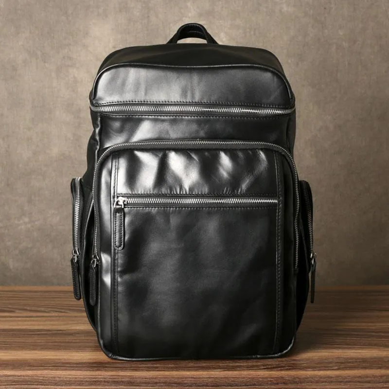 Black Leather Mens Backpack Cool Travel Backpack Hiking Backpack for men