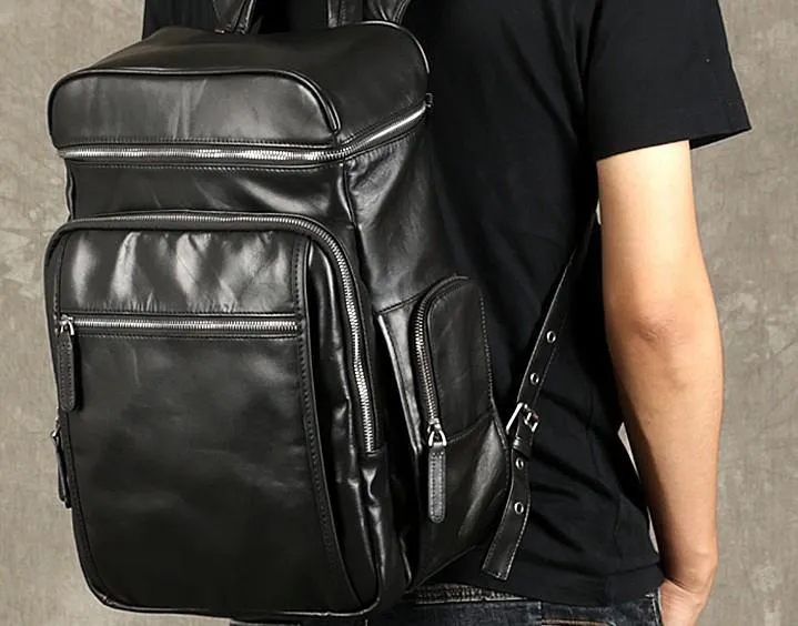 Black Leather Mens Backpack Cool Travel Backpack Hiking Backpack for men