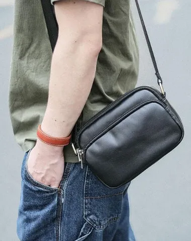 Black Leather Mens Small Courier Bag Messenger Bag Mini Postman Bag For Men