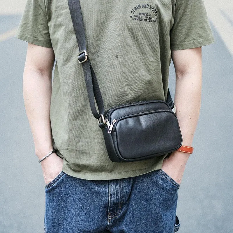 Black Leather Mens Small Courier Bag Messenger Bag Mini Postman Bag For Men