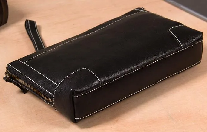 Black Leather Mens Wristlet Wallet Zipper Clutch Wallet for Men