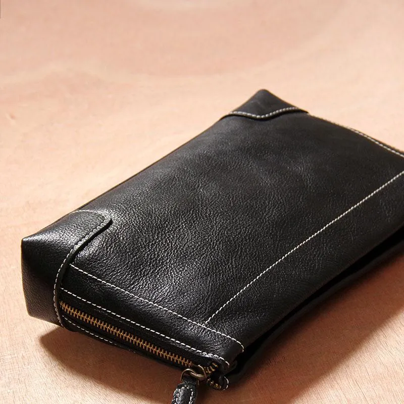 Black Leather Mens Wristlet Wallet Zipper Clutch Wallet for Men