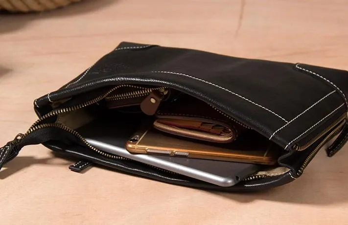 Black Leather Mens Wristlet Wallet Zipper Clutch Wallet for Men