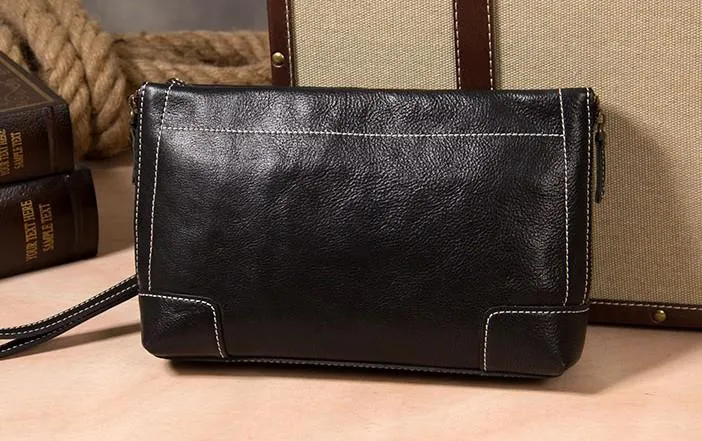 Black Leather Mens Wristlet Wallet Zipper Clutch Wallet for Men