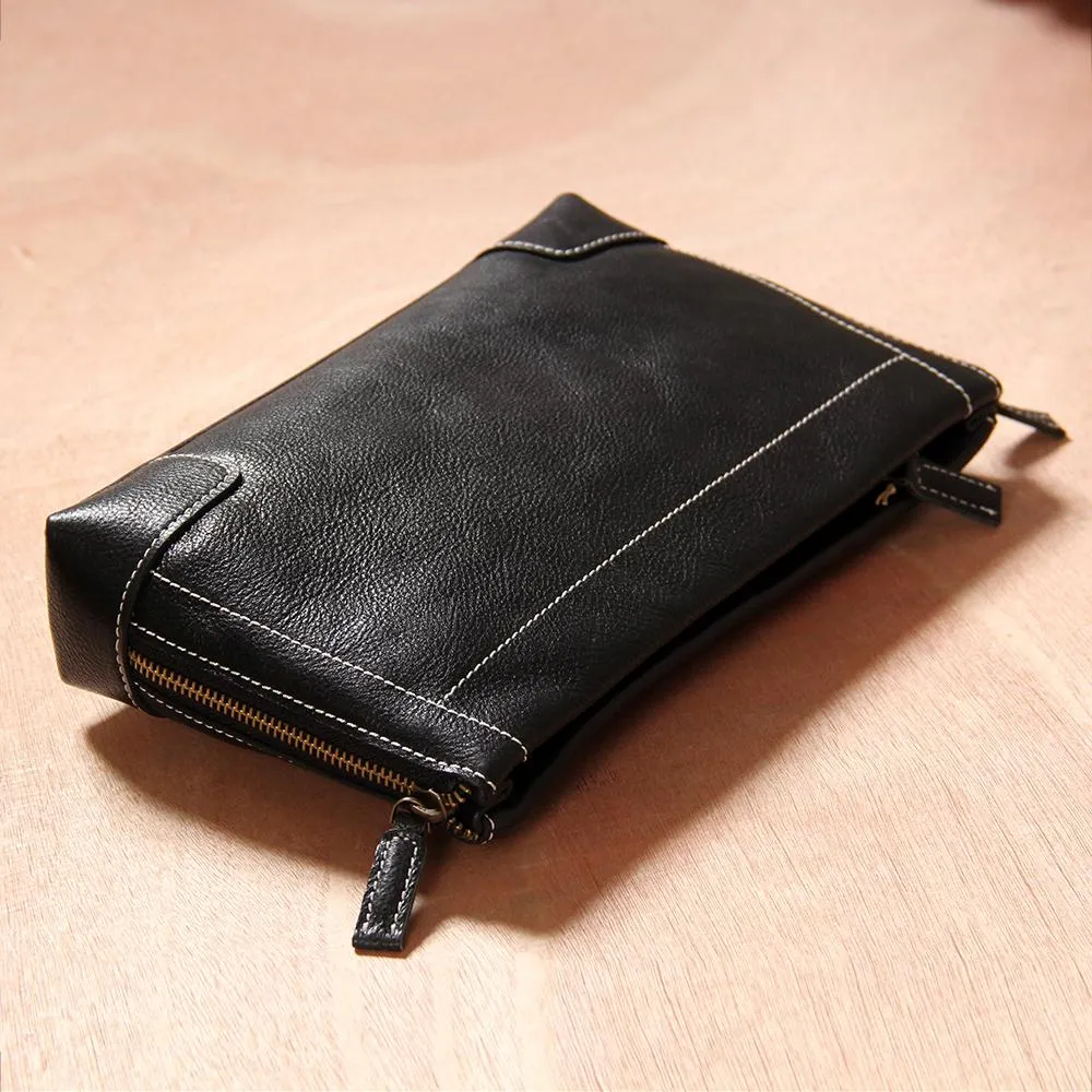 Black Leather Mens Wristlet Wallet Zipper Clutch Wallet for Men