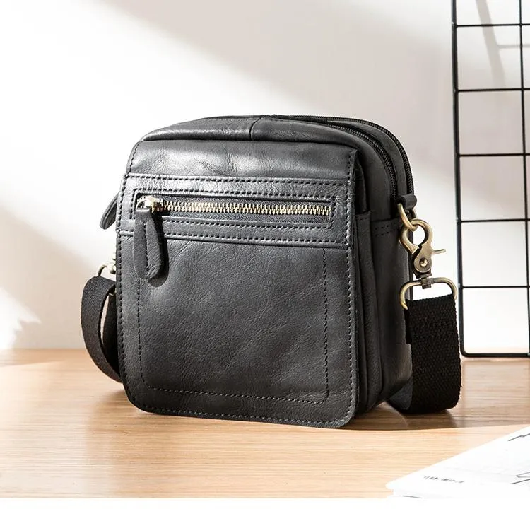 Black Mini Leather Mens Phone Bag Black Small Postman Bag Messenger Bags Side Bag for Men