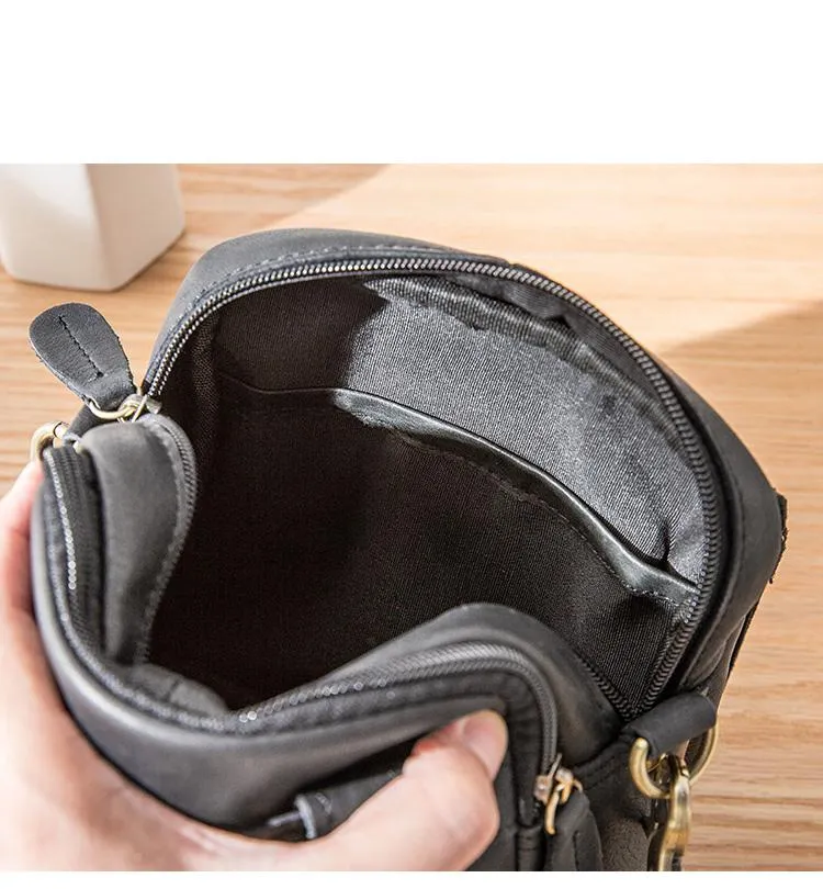 Black Mini Leather Mens Phone Bag Black Small Postman Bag Messenger Bags Side Bag for Men