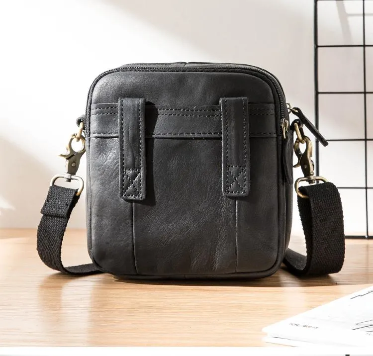 Black Mini Leather Mens Phone Bag Black Small Postman Bag Messenger Bags Side Bag for Men