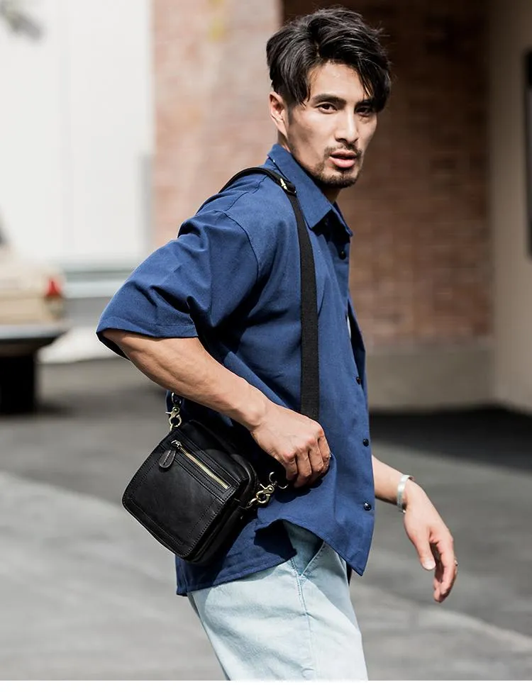 Black Mini Leather Mens Phone Bag Black Small Postman Bag Messenger Bags Side Bag for Men