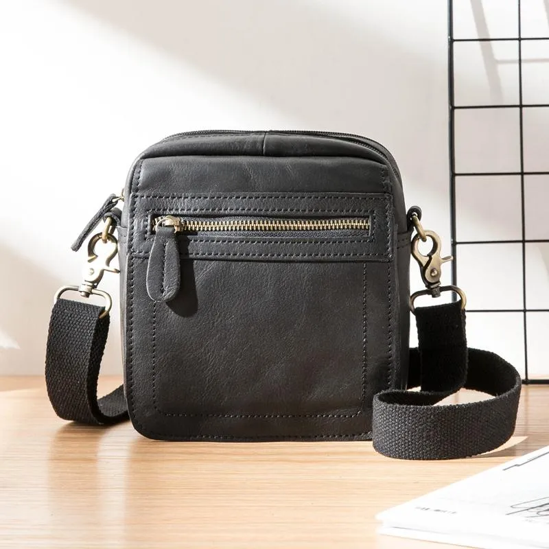 Black Mini Leather Mens Phone Bag Black Small Postman Bag Messenger Bags Side Bag for Men