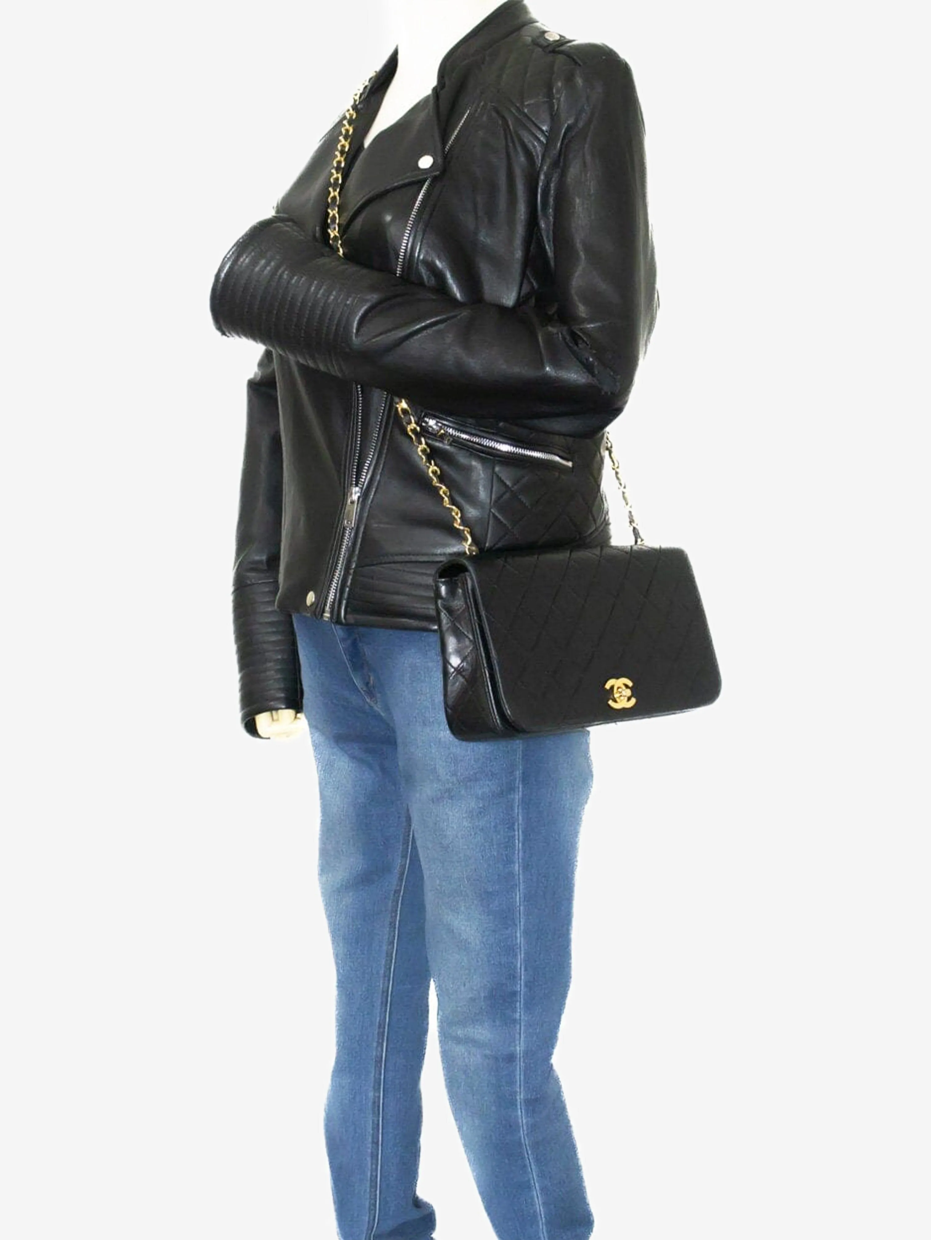 Black vintage 1989 lambskin full-flap shoulder bag