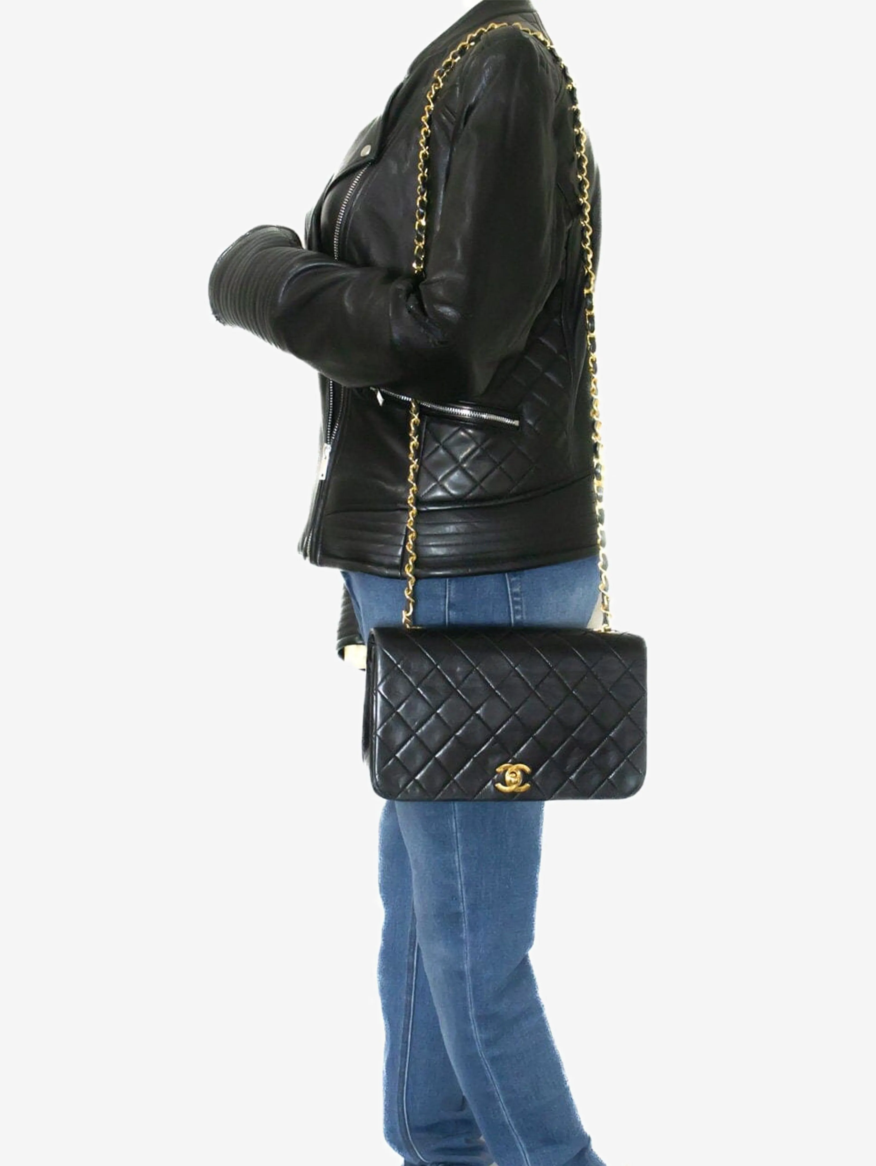 Black vintage 1989 lambskin full-flap shoulder bag