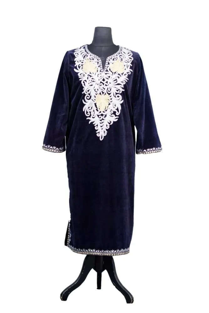 Blue Color Aari Work Embroidered Velvet Phiran Enriched Designer Neckline Pattern