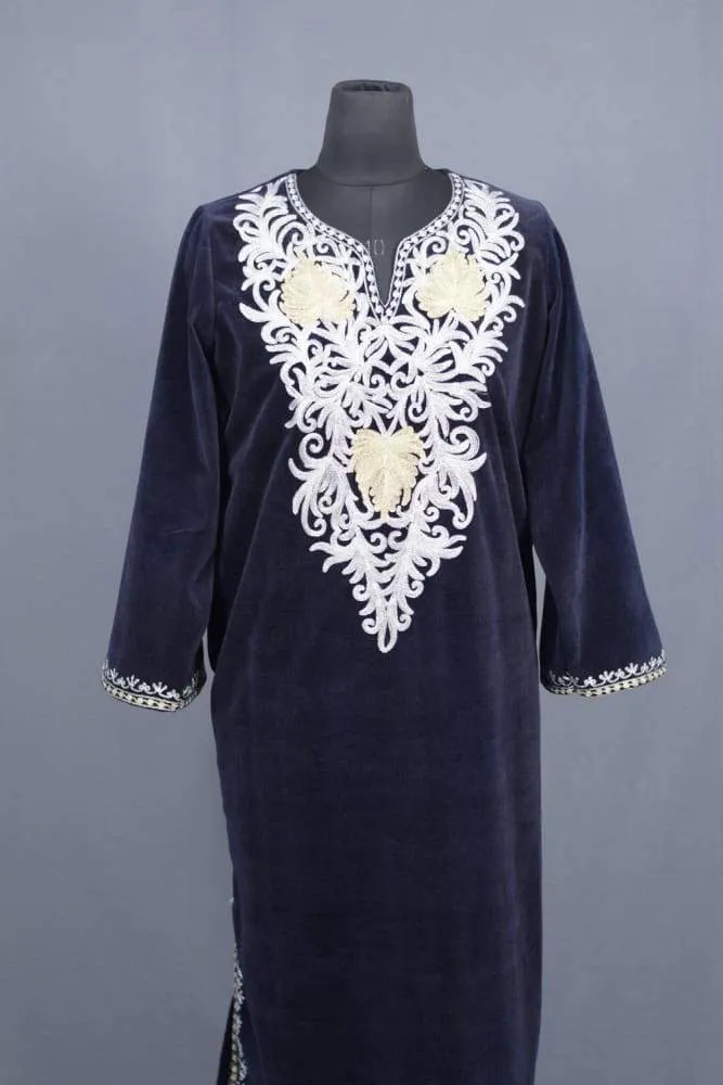 Blue Color Aari Work Embroidered Velvet Phiran Enriched Designer Neckline Pattern