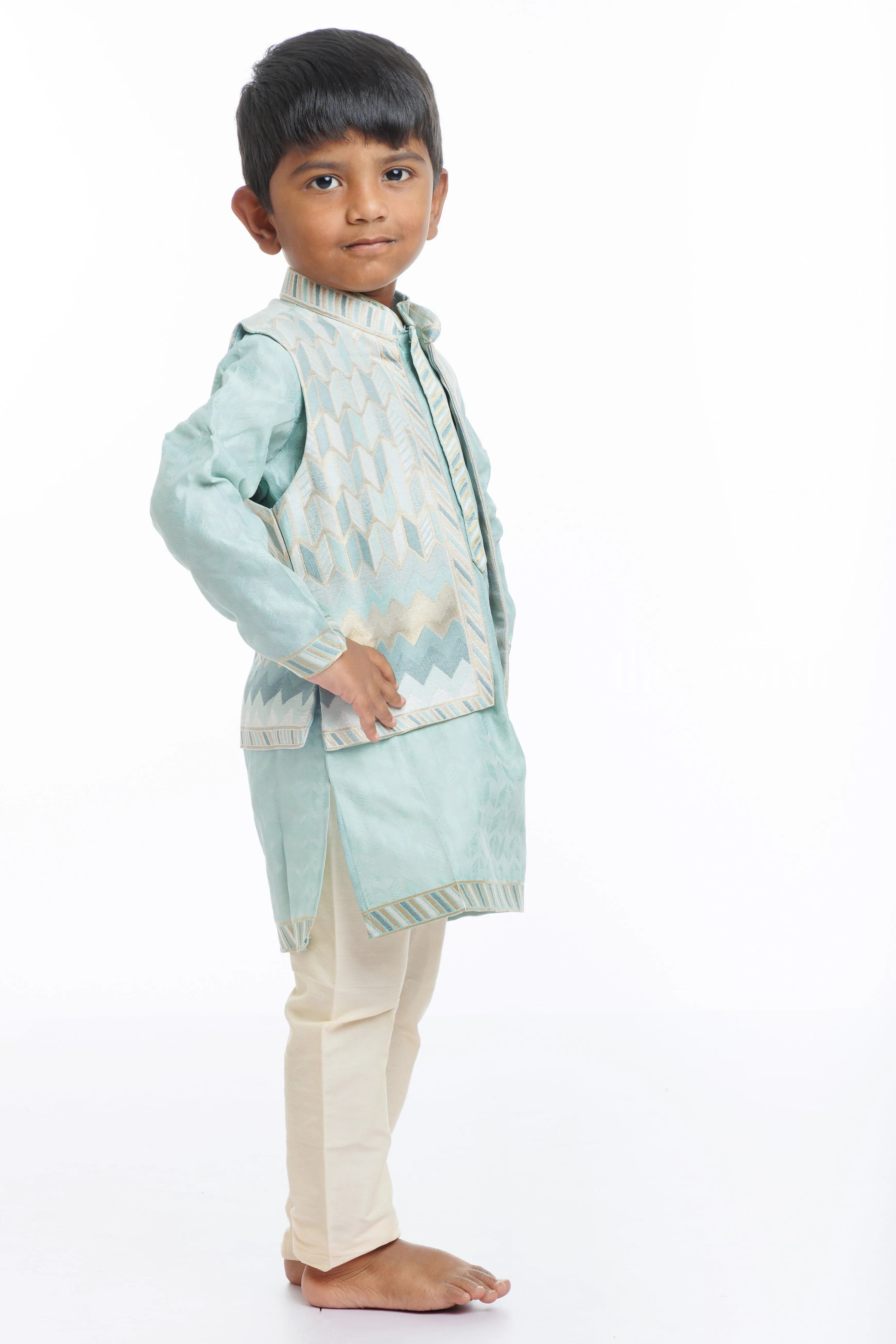 Boys Aqua Blue Jacket and Cream Kurta Pant Ensemble