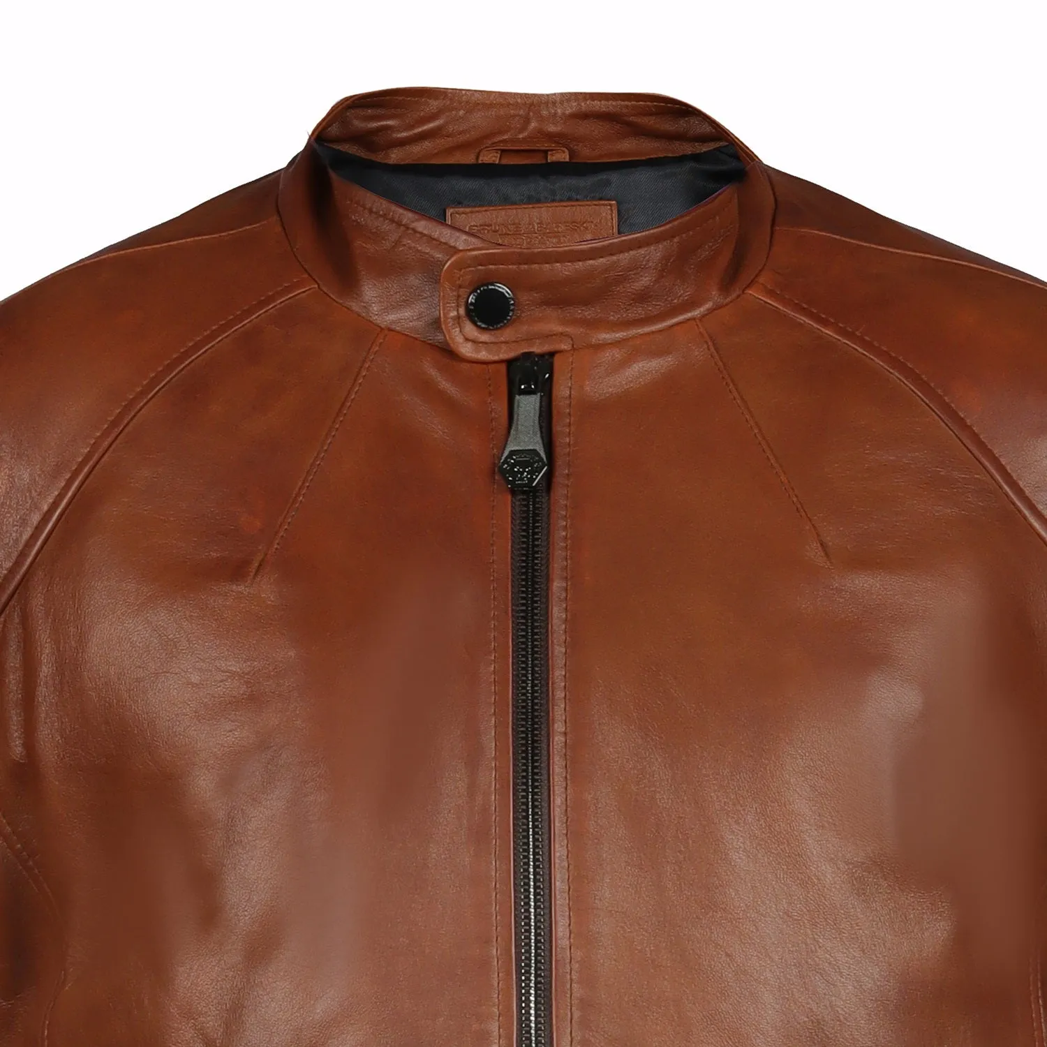 Classic Tan Ban Neck Collar Front Zipper Pockets Men's Leather Jacket By Brune & Bareskin