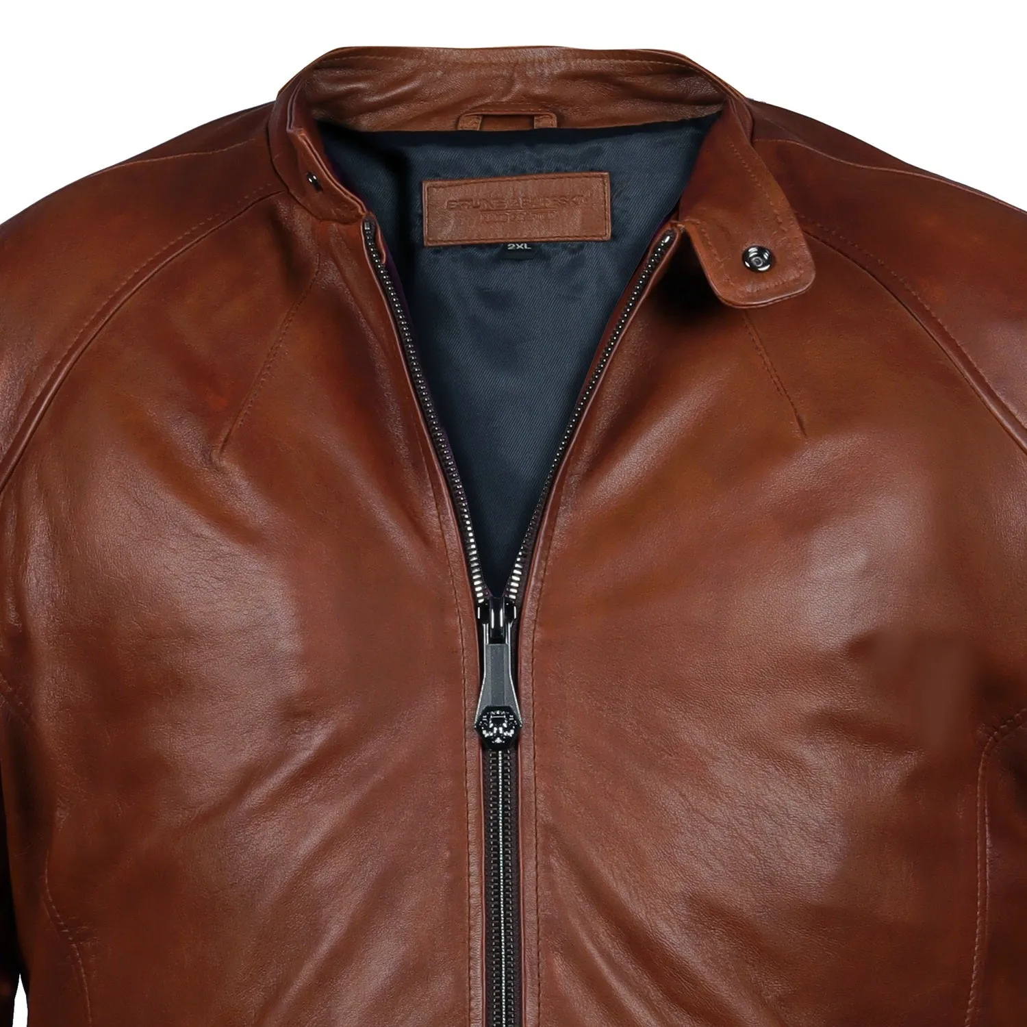 Classic Tan Ban Neck Collar Front Zipper Pockets Men's Leather Jacket By Brune & Bareskin