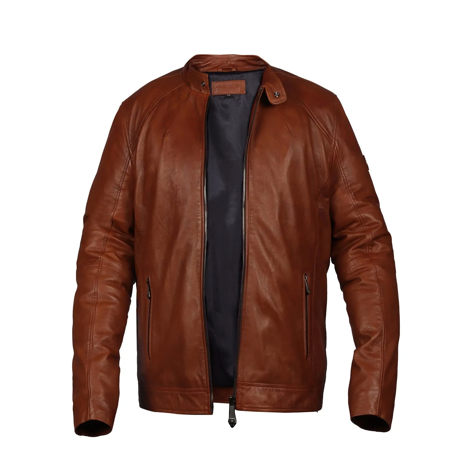 Classic Tan Ban Neck Collar Front Zipper Pockets Men's Leather Jacket By Brune & Bareskin