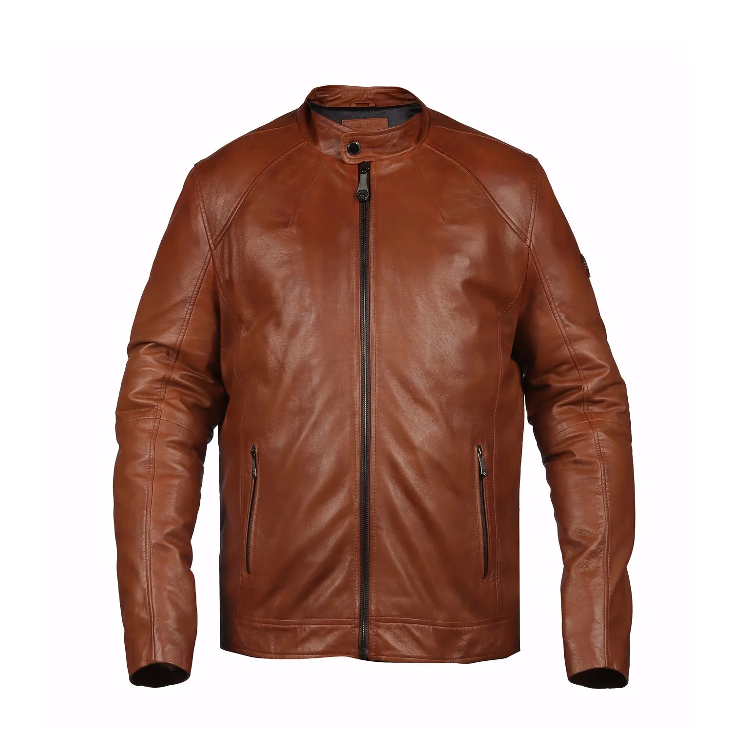 Classic Tan Ban Neck Collar Front Zipper Pockets Men's Leather Jacket By Brune & Bareskin