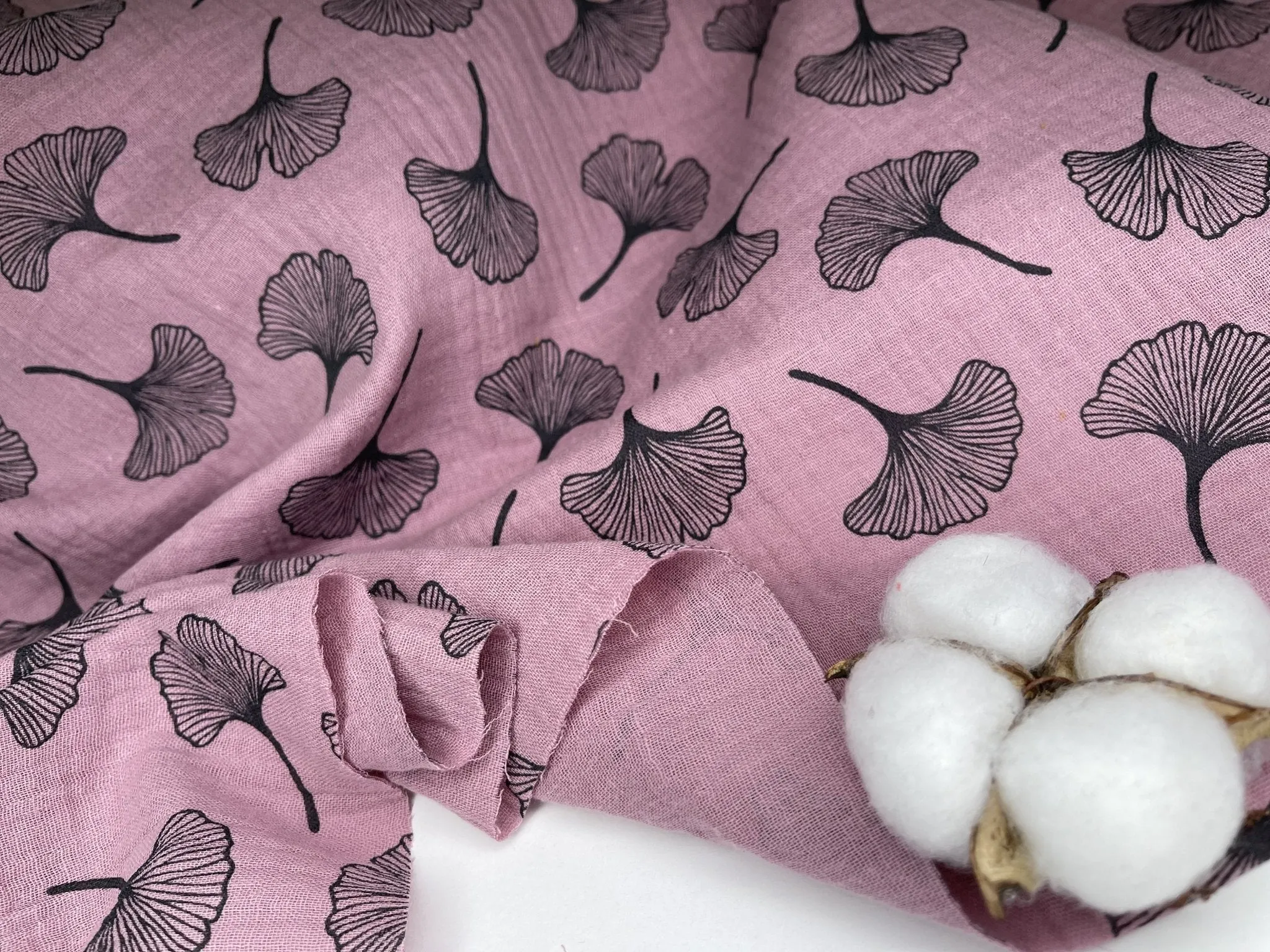 Double Gauze  Muslin Fabric with Gingko Print