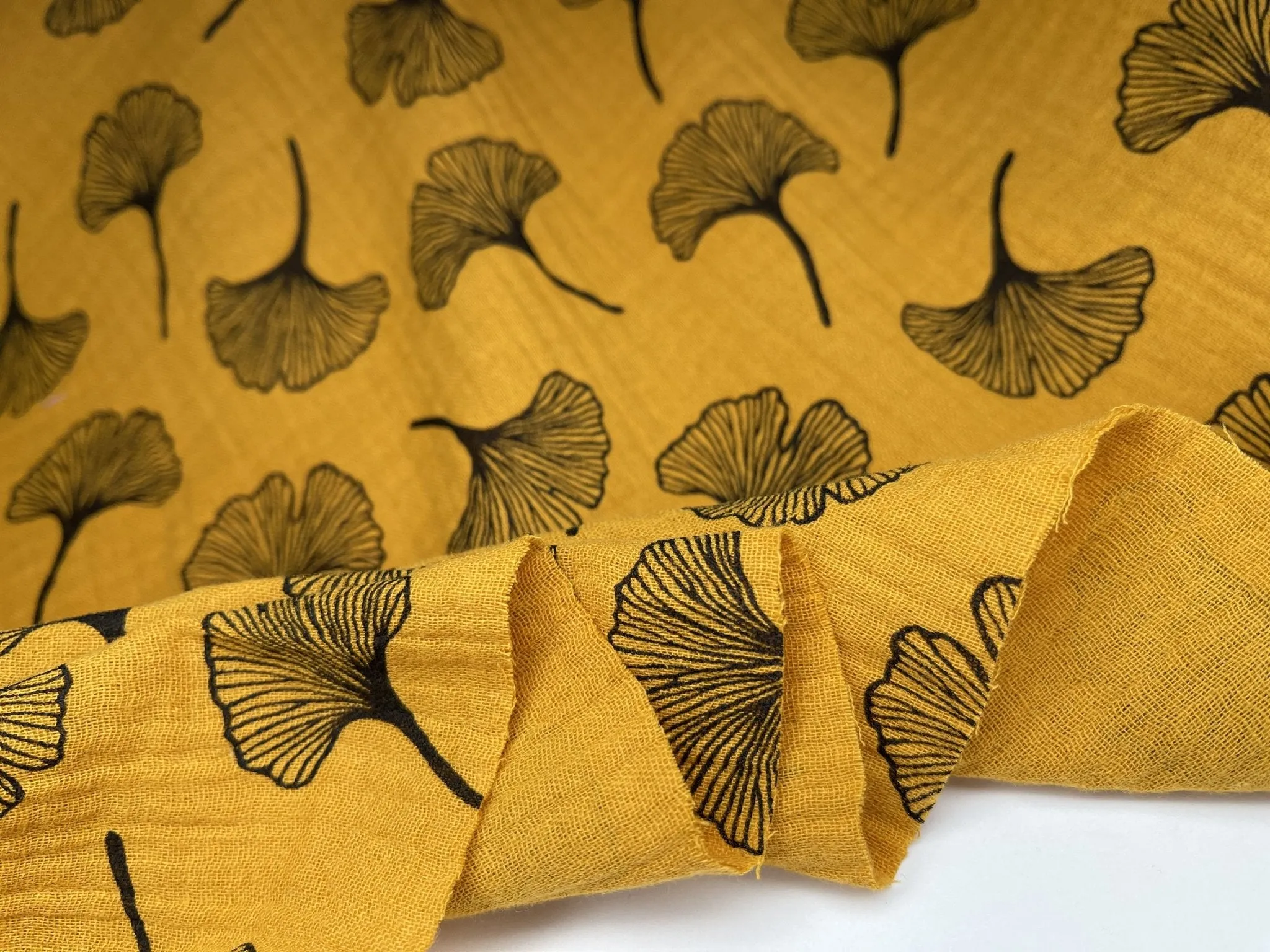 Double Gauze  Muslin Fabric with Gingko Print