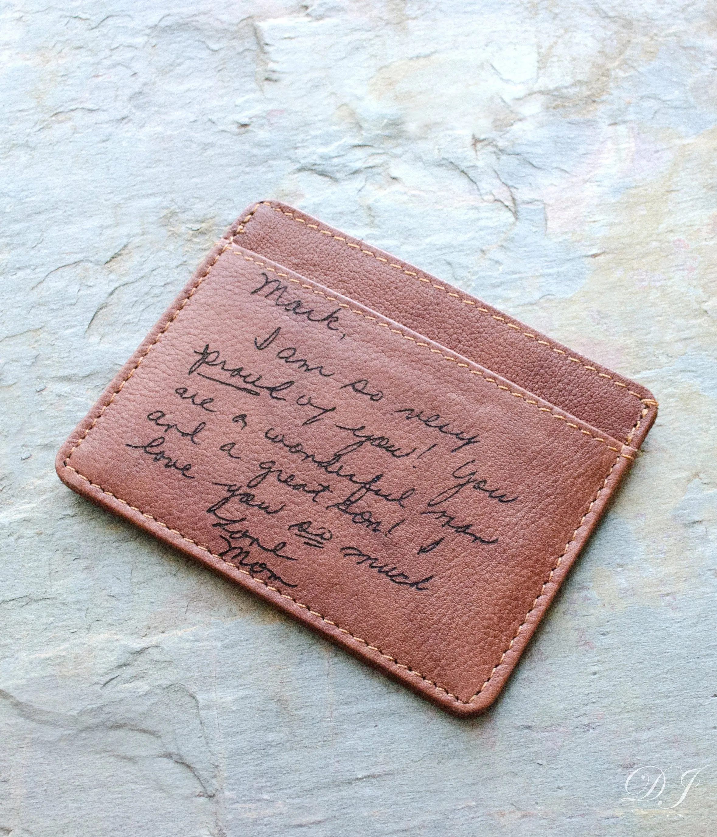 Engraved Slim Leather Cardholder with Monogram or Handwriting - Three Pockets