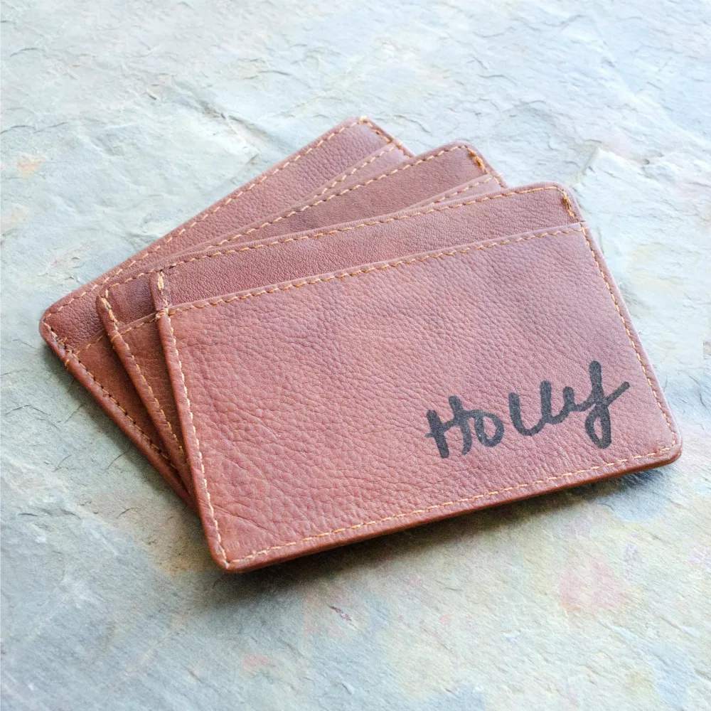 Engraved Slim Leather Cardholder with Monogram or Handwriting - Three Pockets