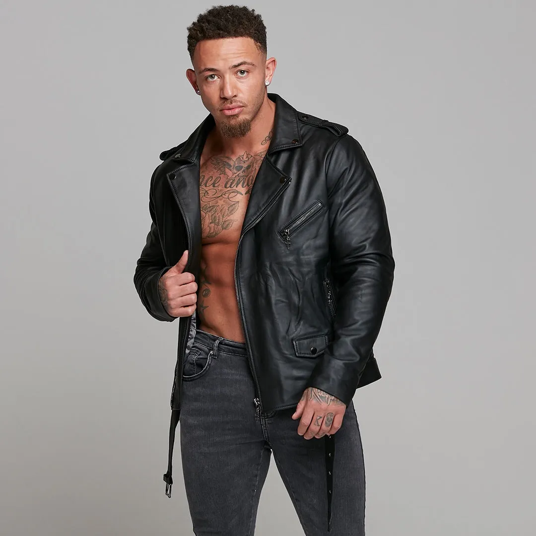 Father Sons Black Leather Jacket with Belt Detail - FSH313