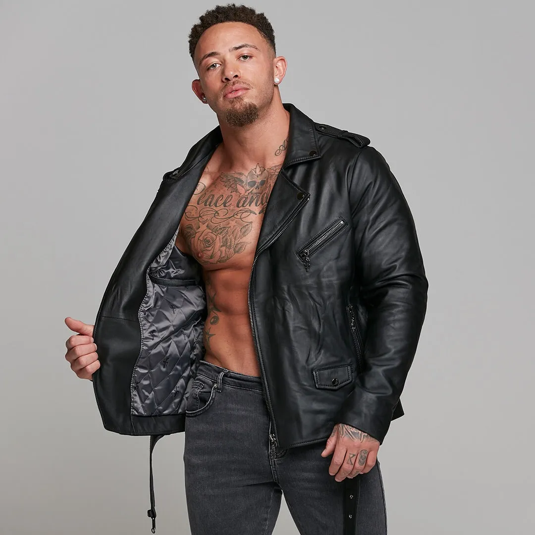 Father Sons Black Leather Jacket with Belt Detail - FSH313