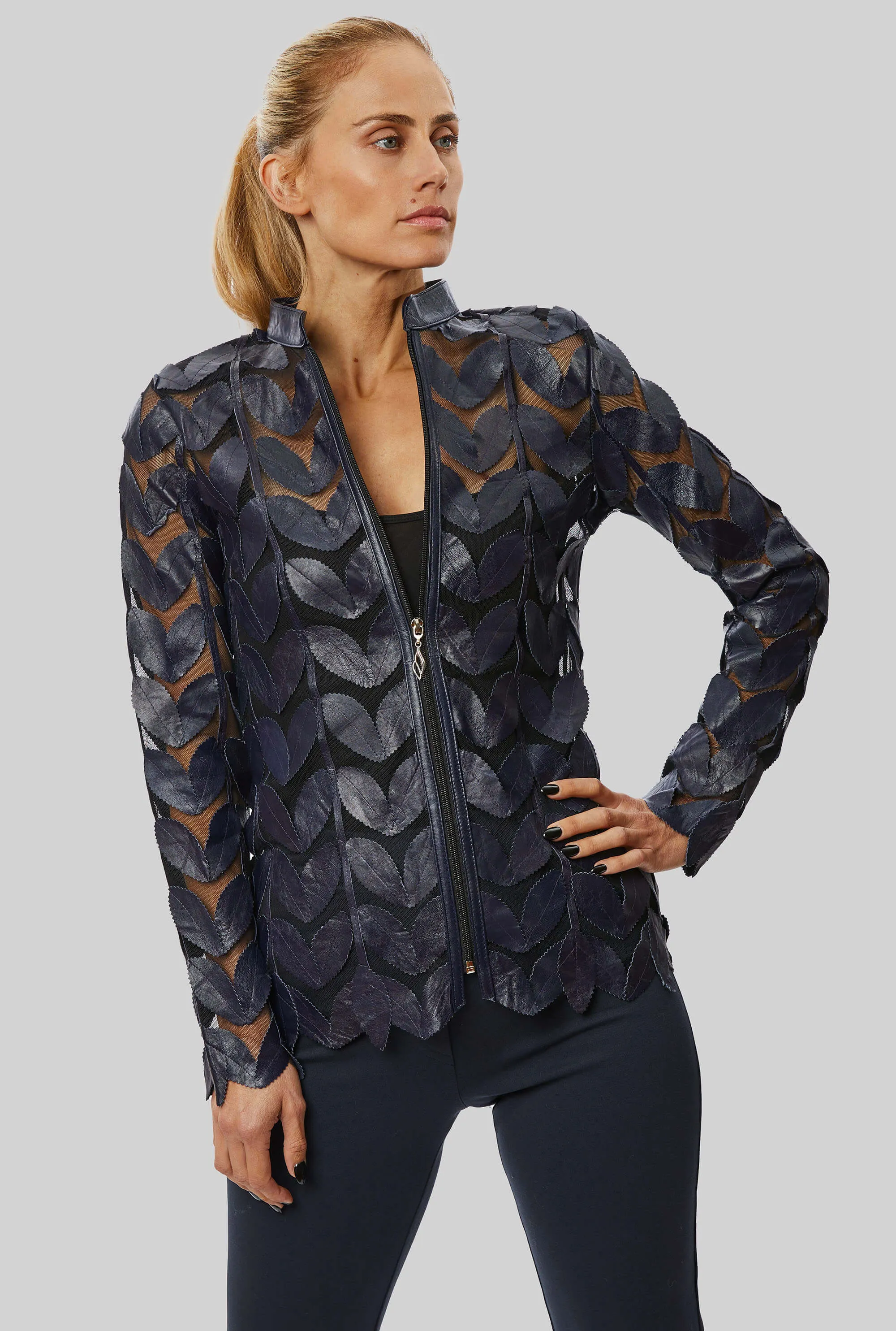 Leather Leaf Sheer Jacket Navy