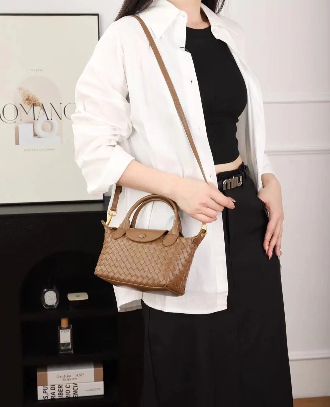 Luxurious Lambskin Leather Handwoven Shoulder Bag | Top Handle Designer Bag