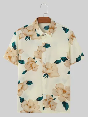 Mens Floral Print Lapel Collar Short Sleeve Shirt SKUK52980