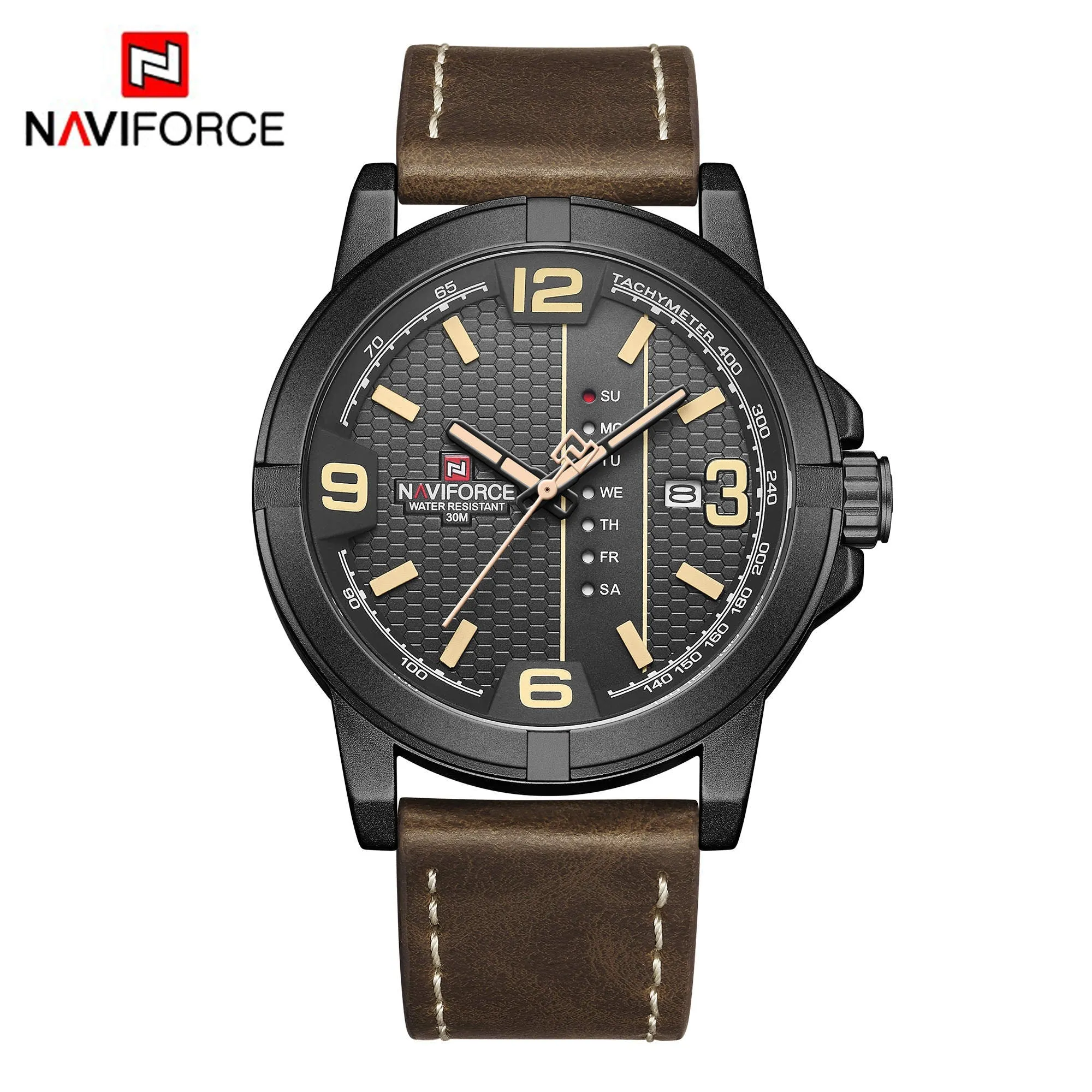 NAVIFORCE Mens Fashion Watches Quartz Waterproof Leather Strap Day and Date Wristwatches NF9177