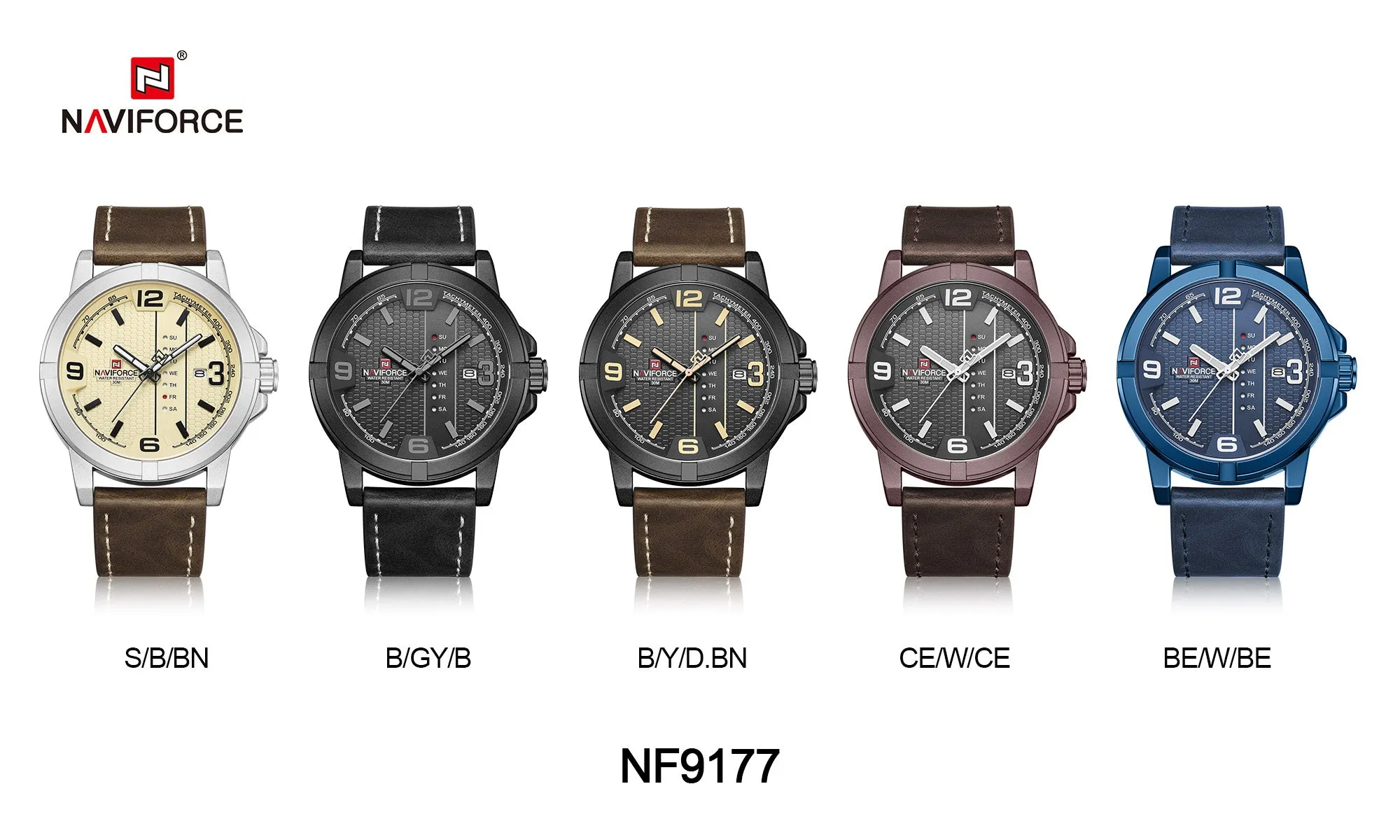 NAVIFORCE Mens Fashion Watches Quartz Waterproof Leather Strap Day and Date Wristwatches NF9177