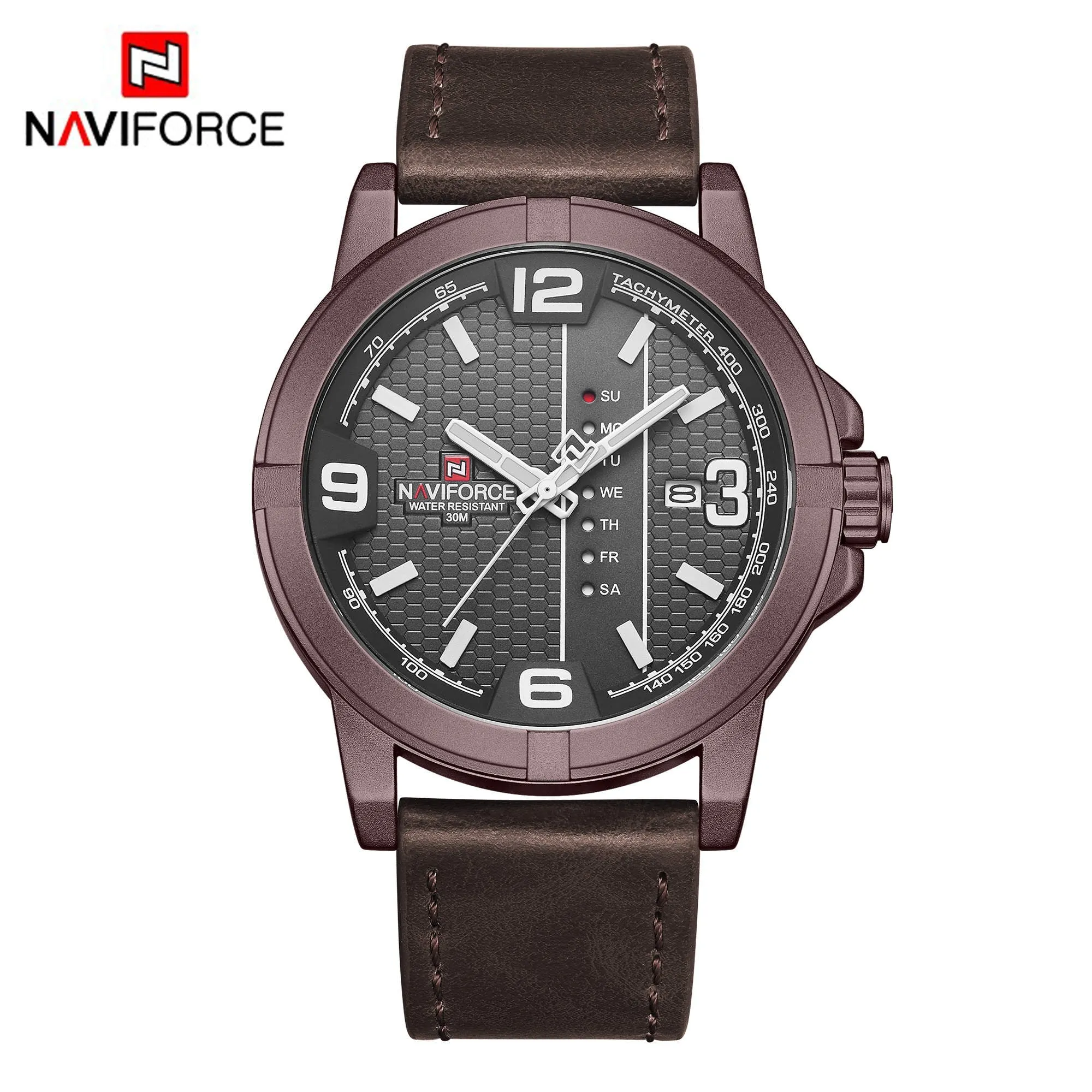 NAVIFORCE Mens Fashion Watches Quartz Waterproof Leather Strap Day and Date Wristwatches NF9177